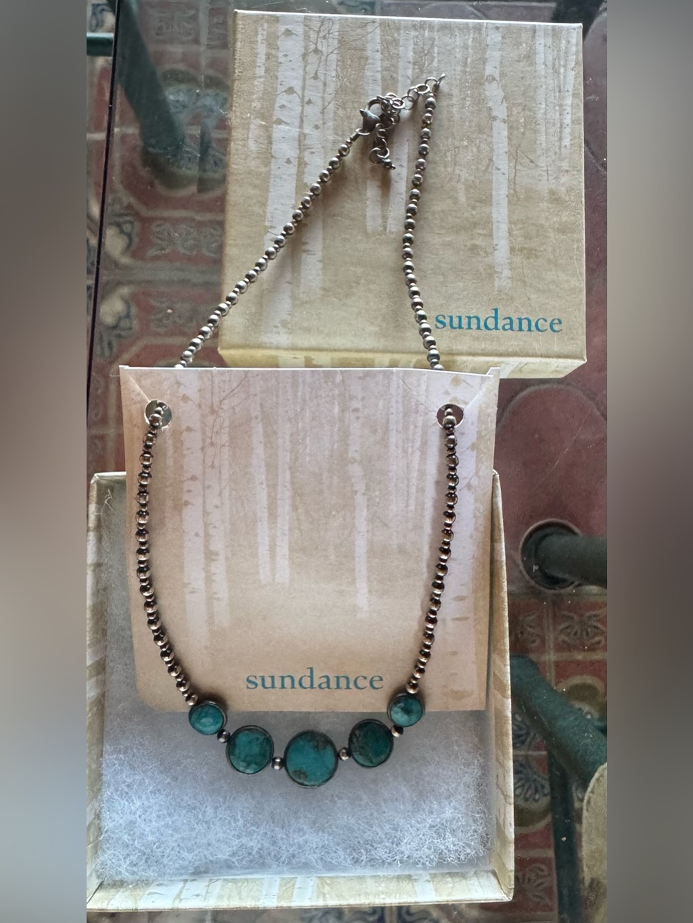 Sundance Turquoise Bezel Set Silver Bead Necklace New In Box From Sundance!
